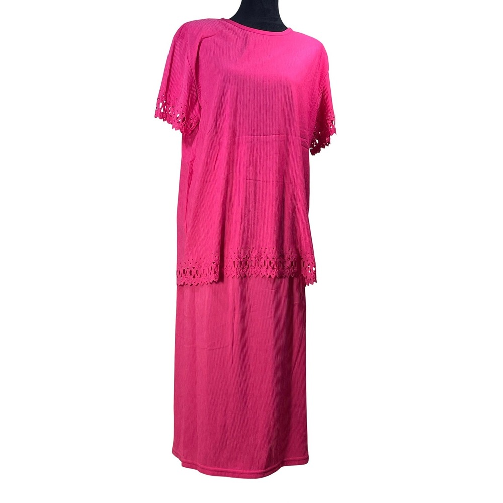 Vintage Superline USA Hot Pink Eyelet 2pc Skirt Set Crinkle Plisse One Size 90s